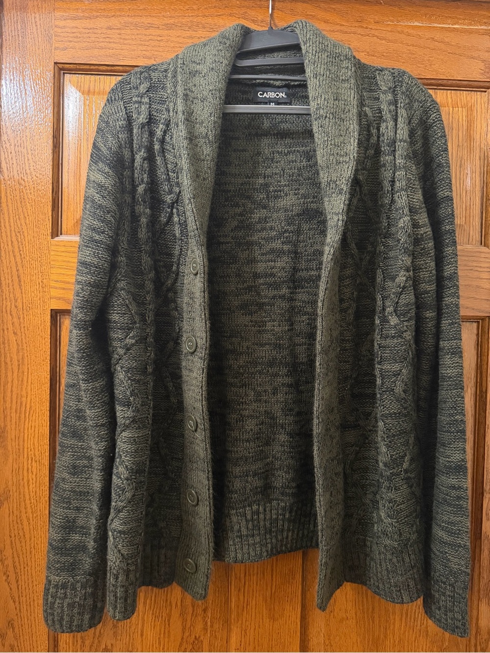 Men’s Carbon Olive Green Knit Cardigan with Shawl Collar